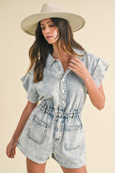 Annie Wear Women's Elastic Waistband Denim Romper with Short Sleeves